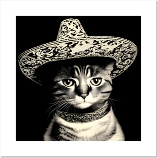 Cat wearing sombrero hat - vintage Posters and Art